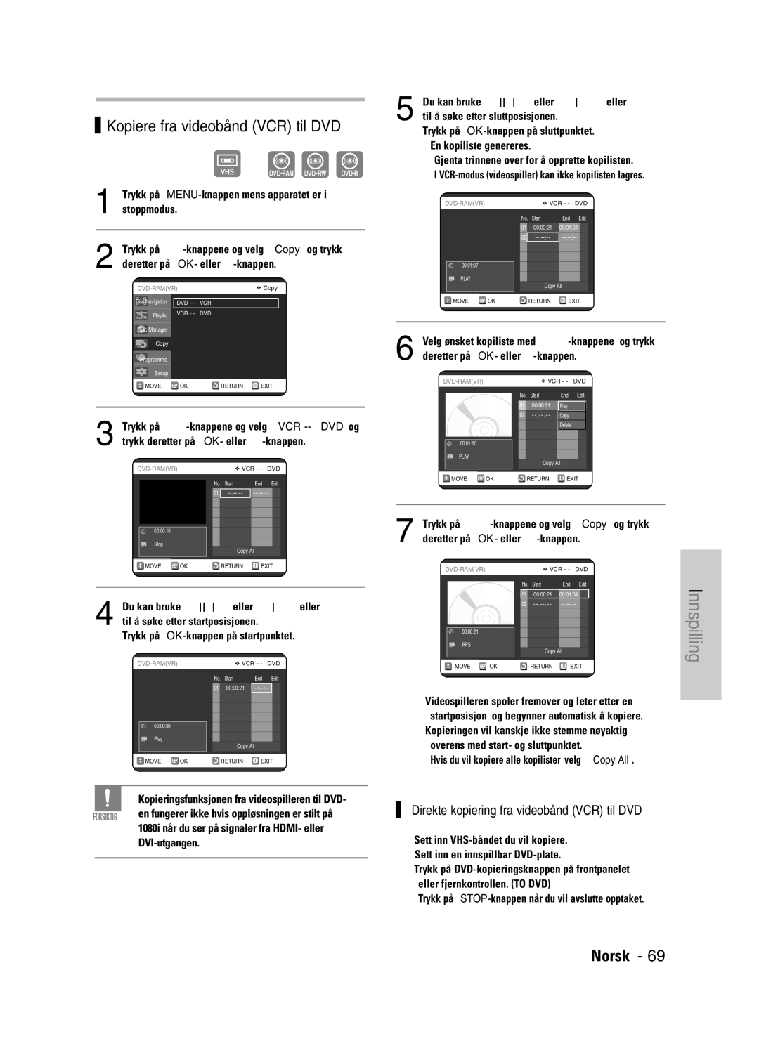 Samsung DVD-VR325/XEE manual Kopiere fra videobånd VCR til DVD, Direkte kopiering fra videobånd VCR til DVD, DVI-utgangen 