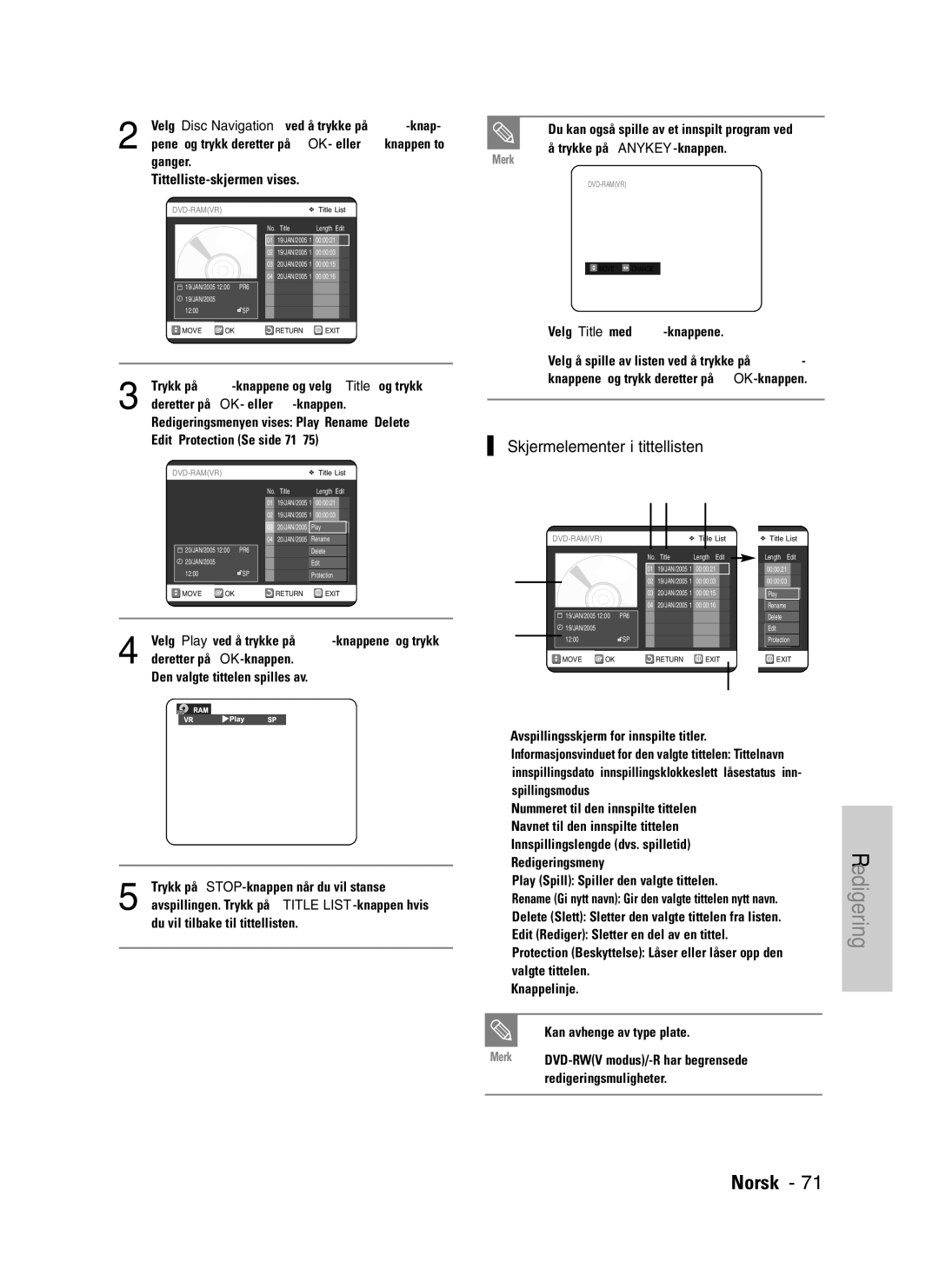 Samsung DVD-VR325/XEE manual Skjermelementer i tittellisten 