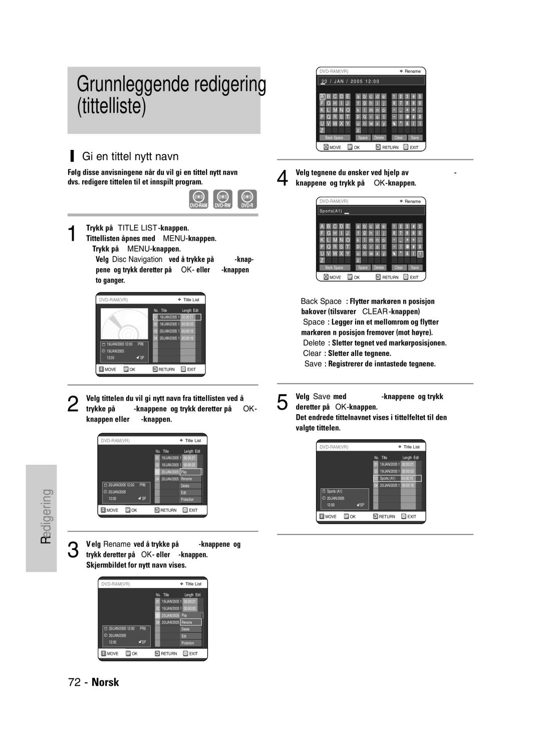 Samsung DVD-VR325/XEE manual Gi en tittel nytt navn, Velg tittelen du vil gi nytt navn fra tittellisten ved å 