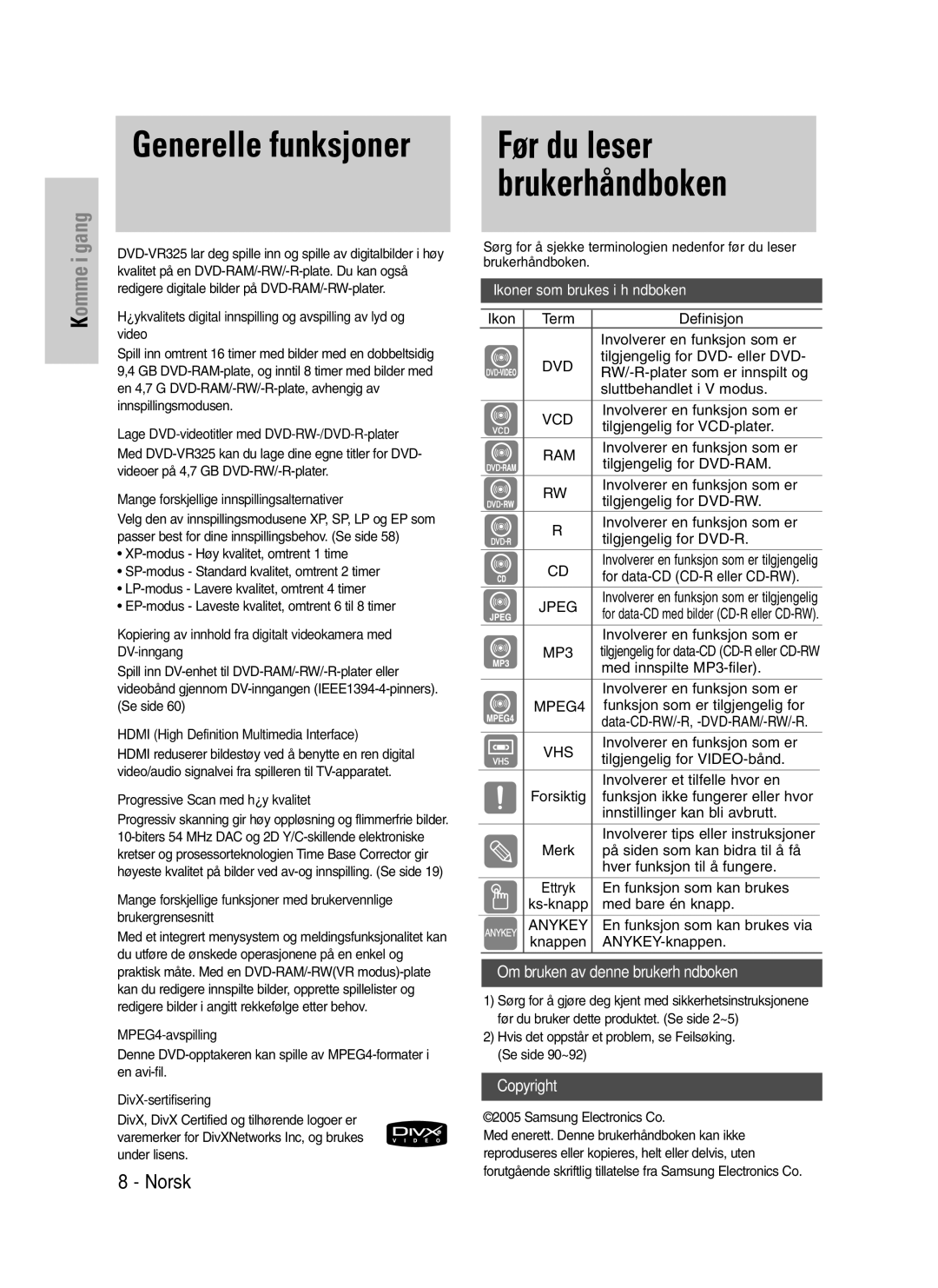 Samsung DVD-VR325/XEE manual Før du leser brukerhåndboken 