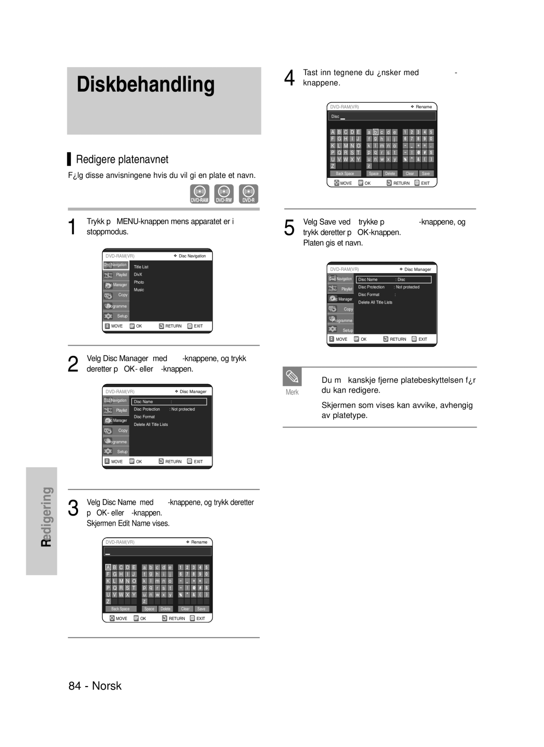 Samsung DVD-VR325/XEE manual Diskbehandling, Redigere platenavnet 
