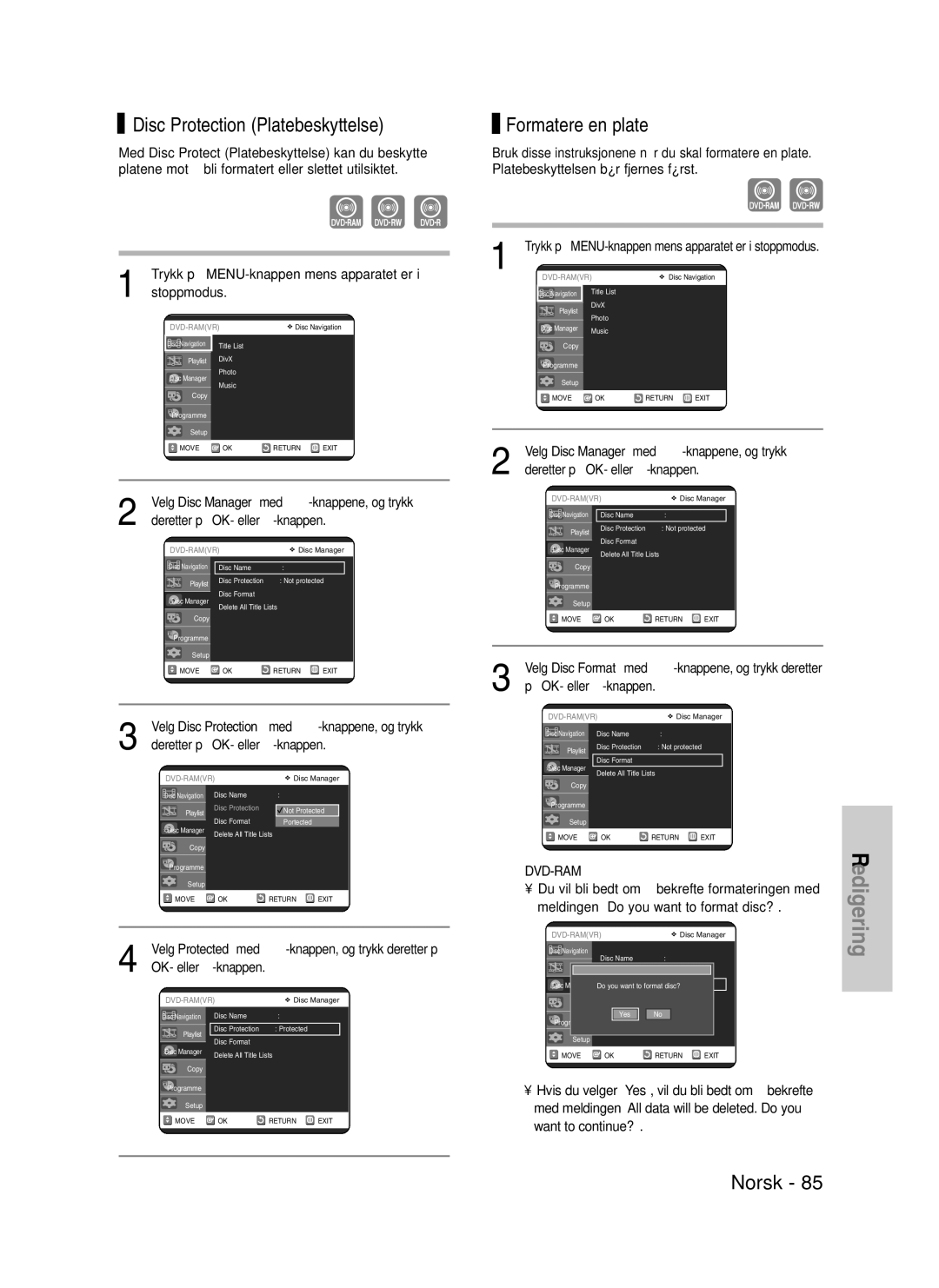 Samsung DVD-VR325/XEE manual Disc Protection Platebeskyttelse, Formatere en plate 
