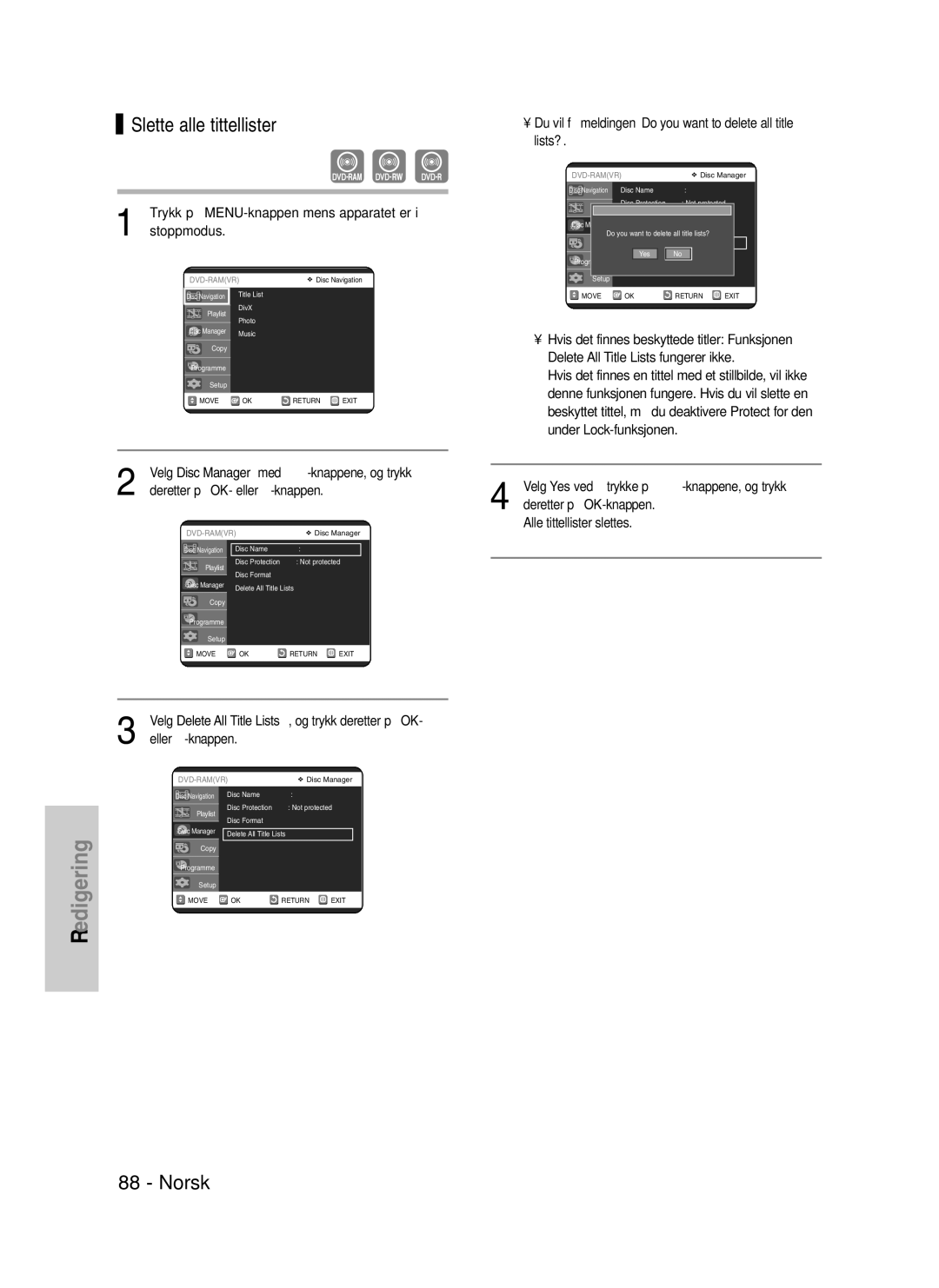 Samsung DVD-VR325/XEE manual Slette alle tittellister, Eller √-knappen 