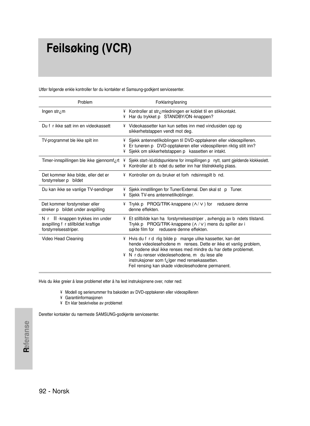 Samsung DVD-VR325/XEE manual Feilsøking VCR 