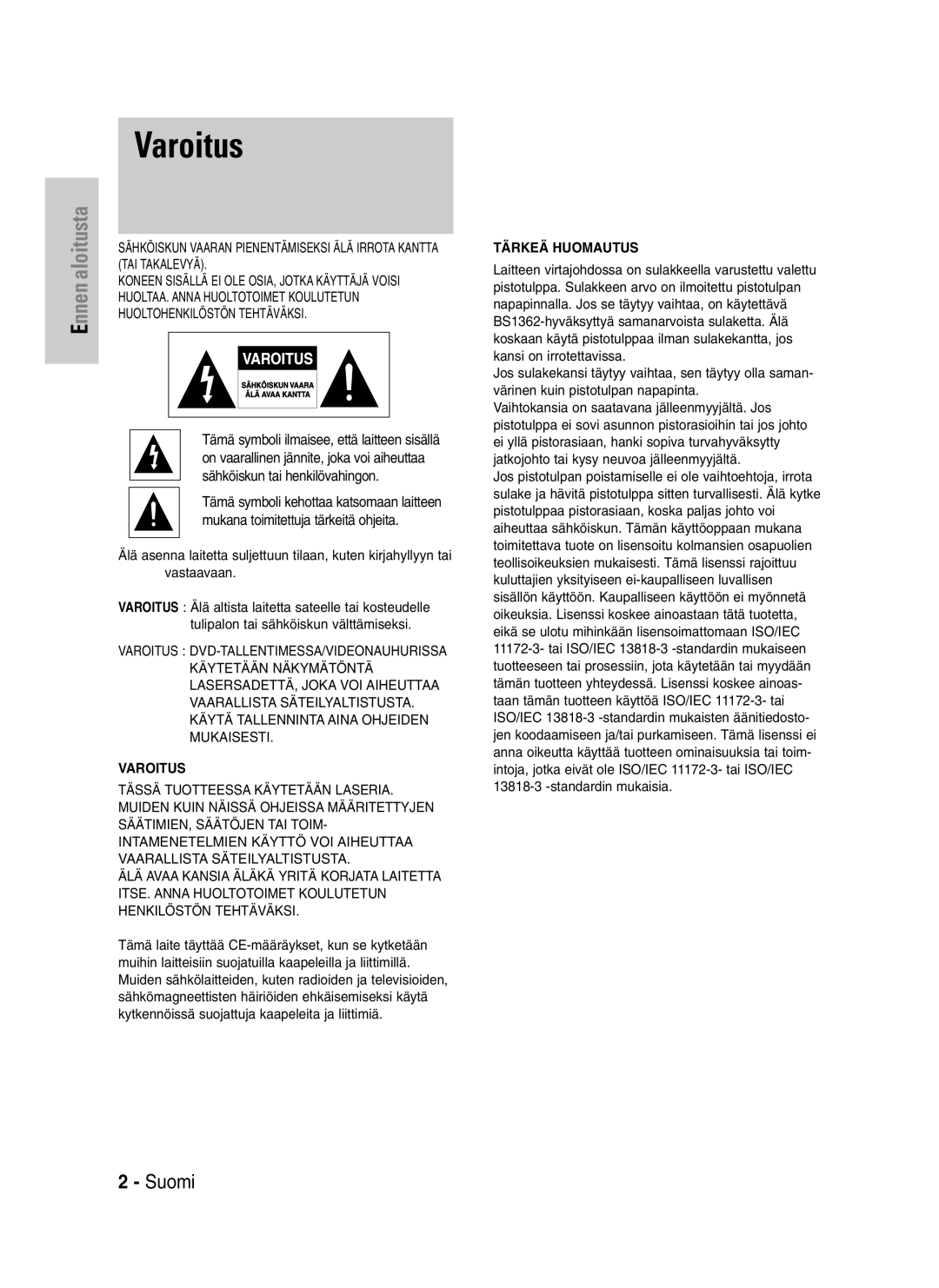 Samsung DVD-VR325/XEE manual Varoitus 