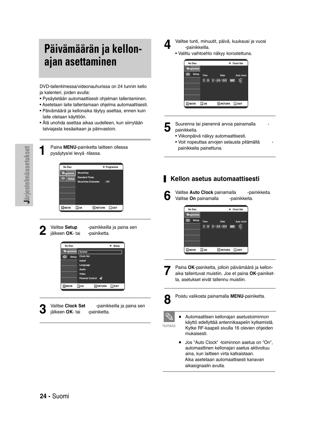 Samsung DVD-VR325/XEE manual Päivämäärän ja kellon- ajan asettaminen, Kellon asetus automaattisesti 