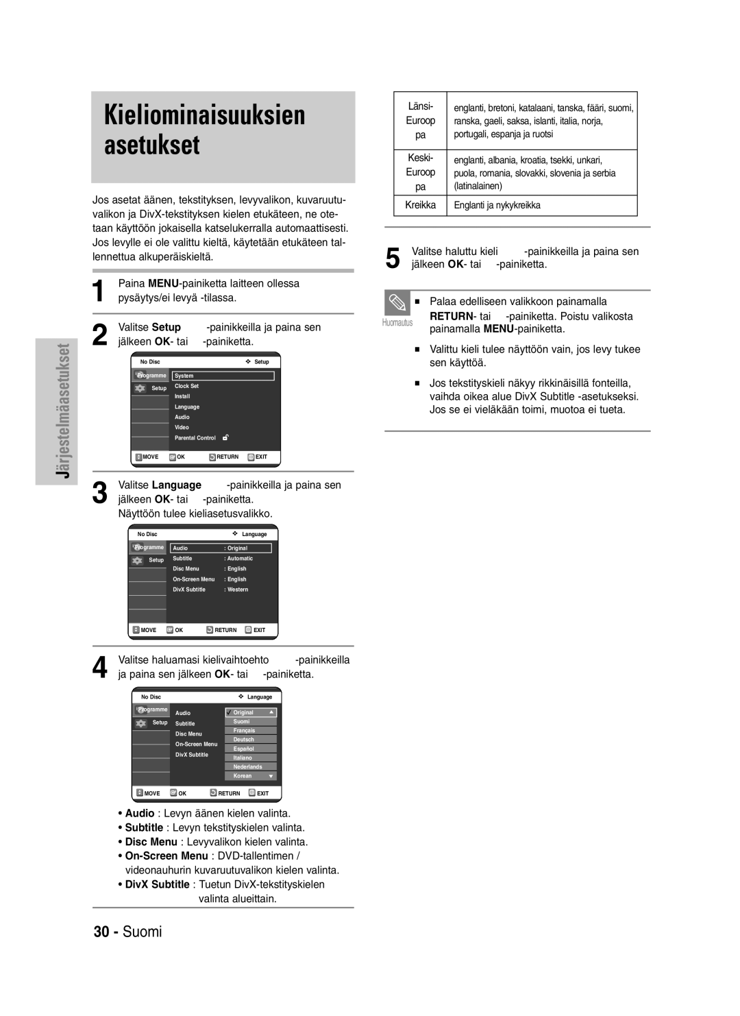 Samsung DVD-VR325/XEE manual Kieliominaisuuksien asetukset, Valitse haluamasi kielivaihtoehto …† -painikkeilla 