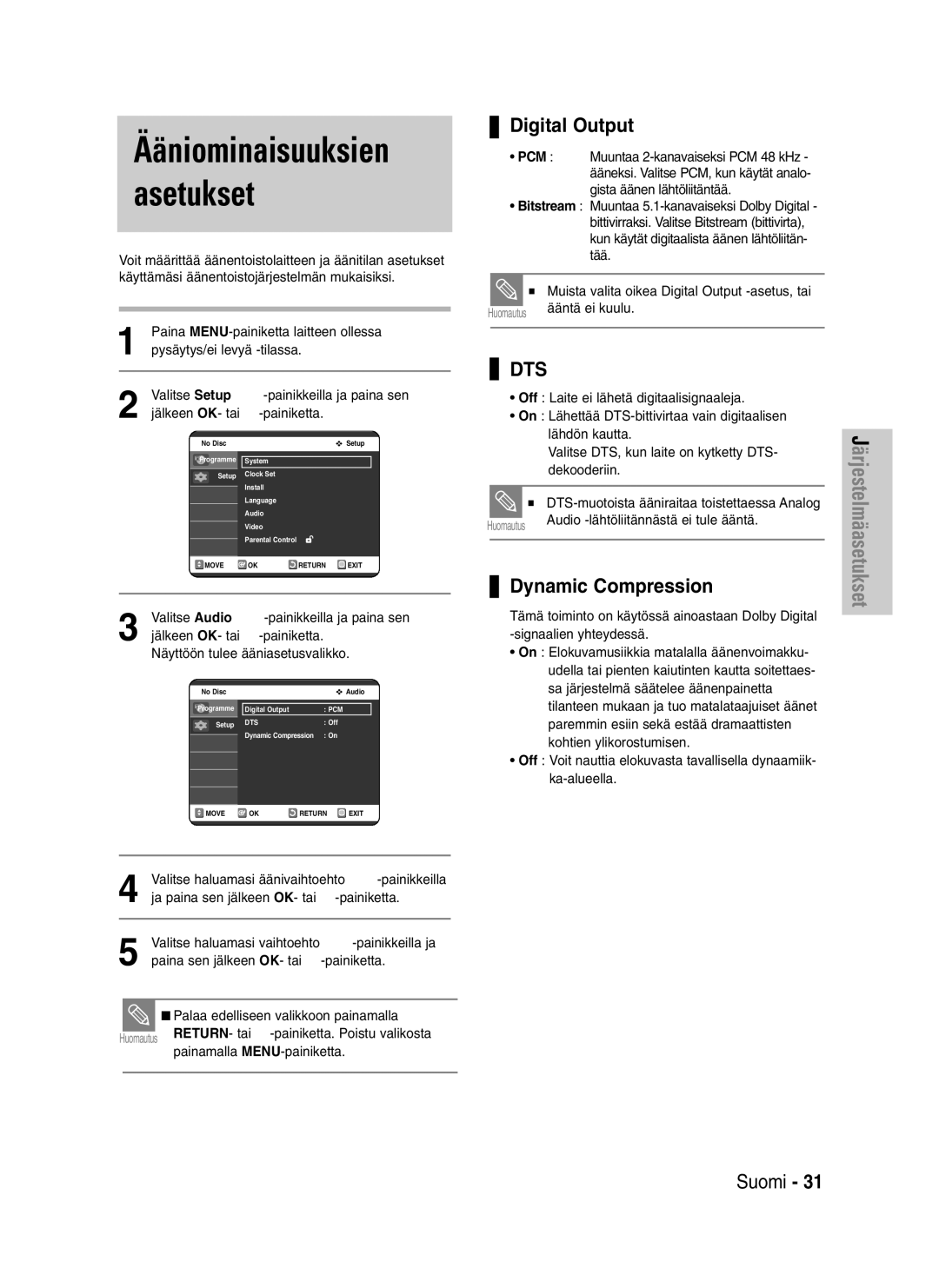 Samsung DVD-VR325/XEE manual Ääniominaisuuksien asetukset, Digital Output, Dynamic Compression 