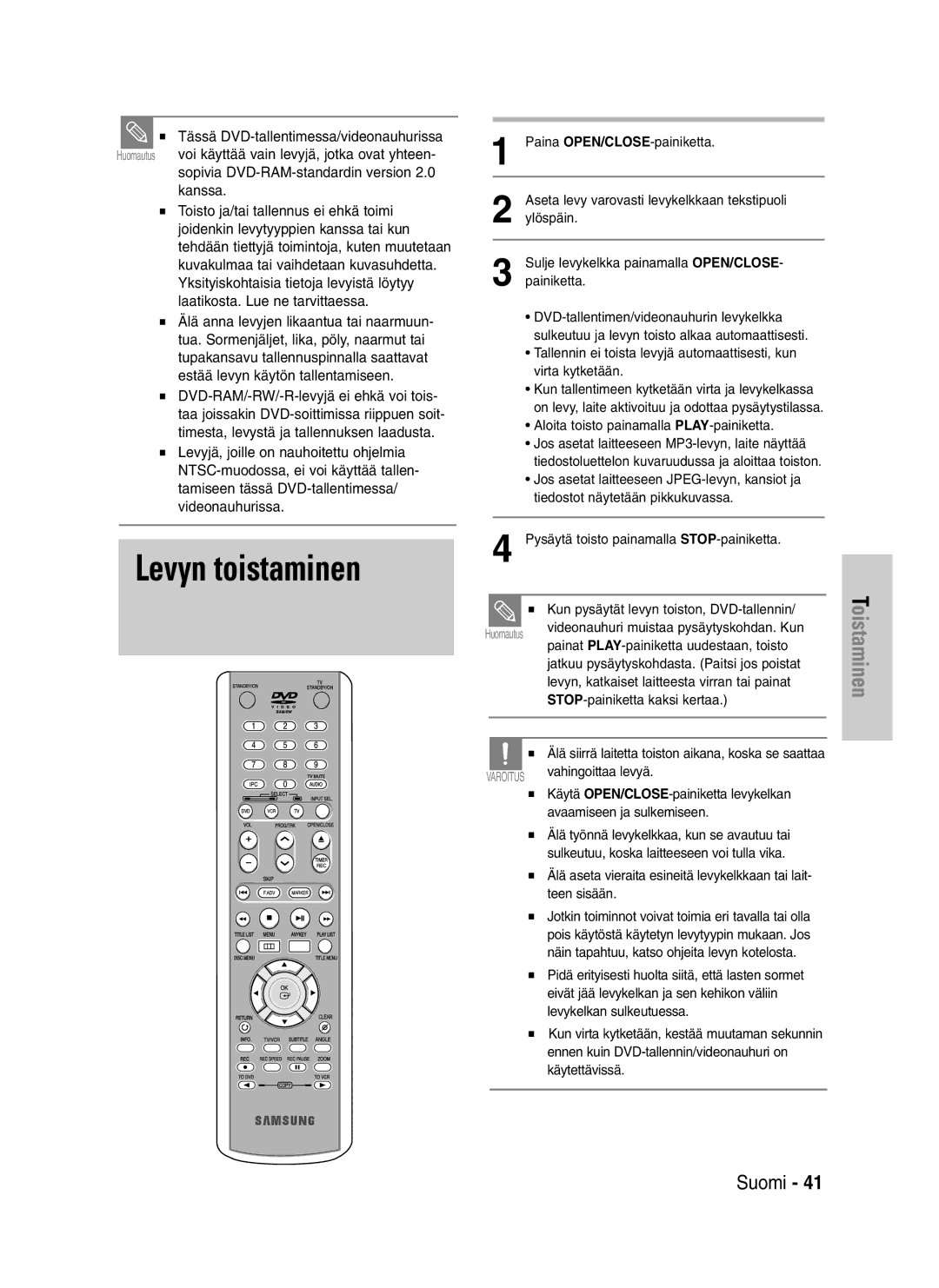 Samsung DVD-VR325/XEE manual Levyn toistaminen 