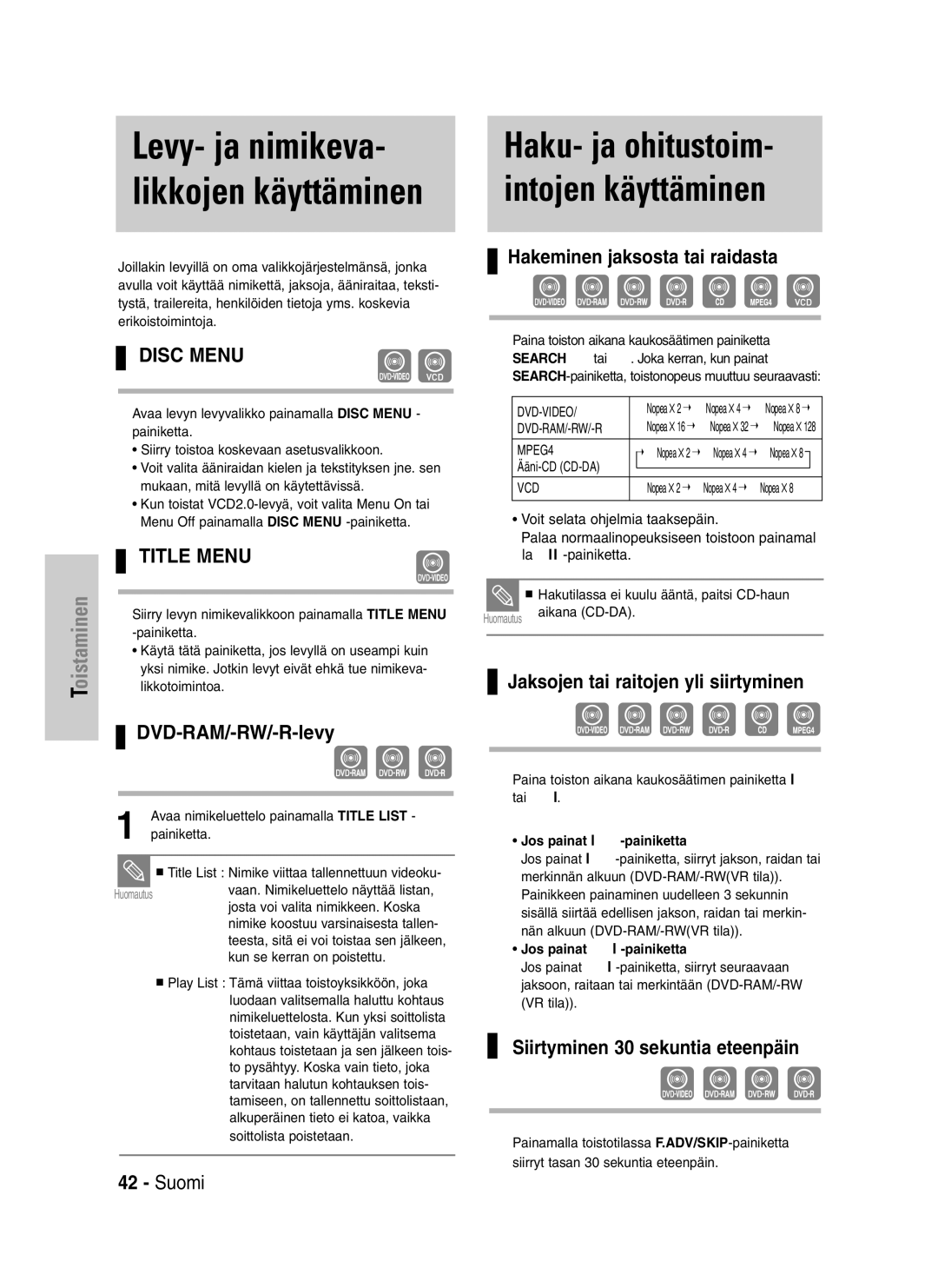 Samsung DVD-VR325/XEE manual Haku- ja ohitustoim- intojen käyttäminen, Hakeminen jaksosta tai raidasta, DVD-RAM/-RW/-R-levy 