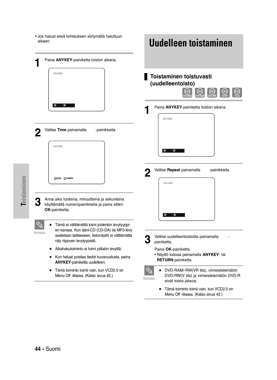 Samsung DVD-VR325/XEE manual Uudelleen toistaminen, Valitse Time painamalla …† -painikkeita 