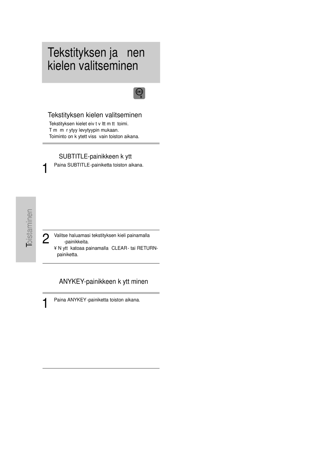 Samsung DVD-VR325/XEE manual Tekstityksen ja äänen kielen valitseminen, Tekstityksen kielen valitseminen 