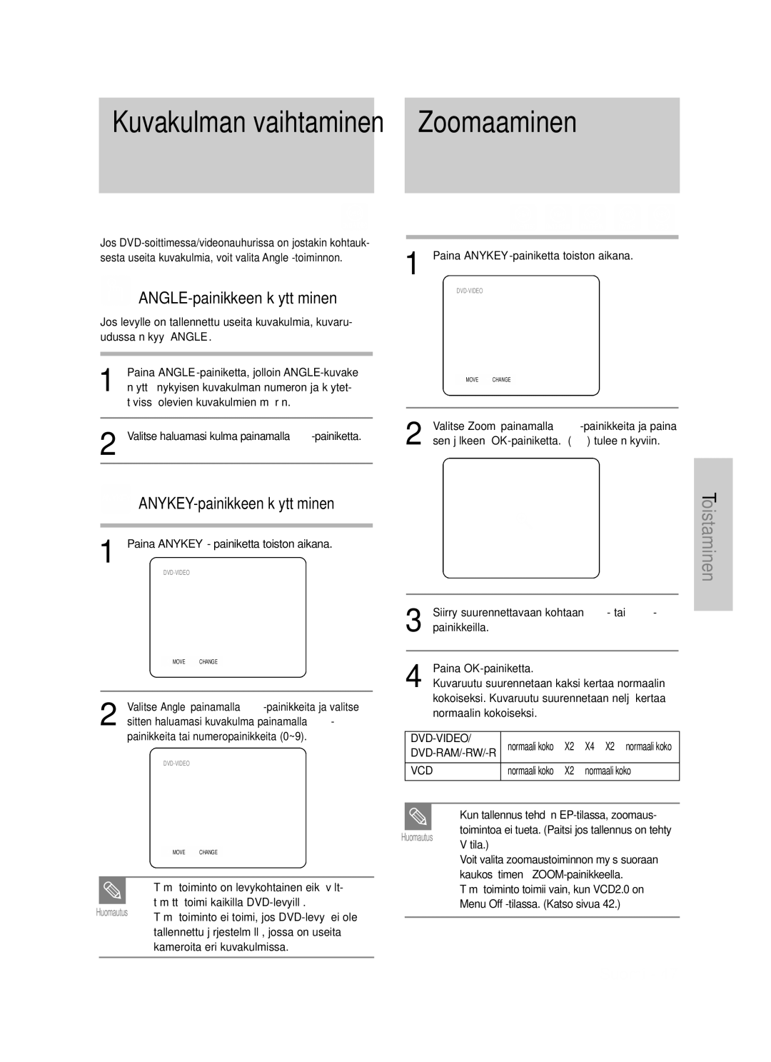 Samsung DVD-VR325/XEE manual ANGLE-painikkeen käyttäminen 