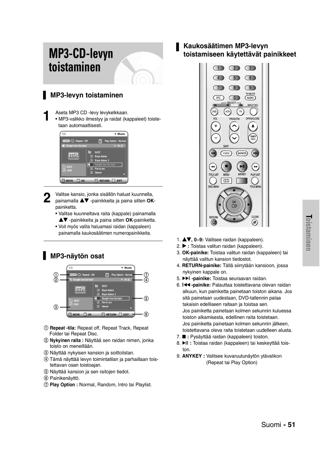 Samsung DVD-VR325/XEE manual MP3-CD-levyn toistaminen, MP3-levyn toistaminen 