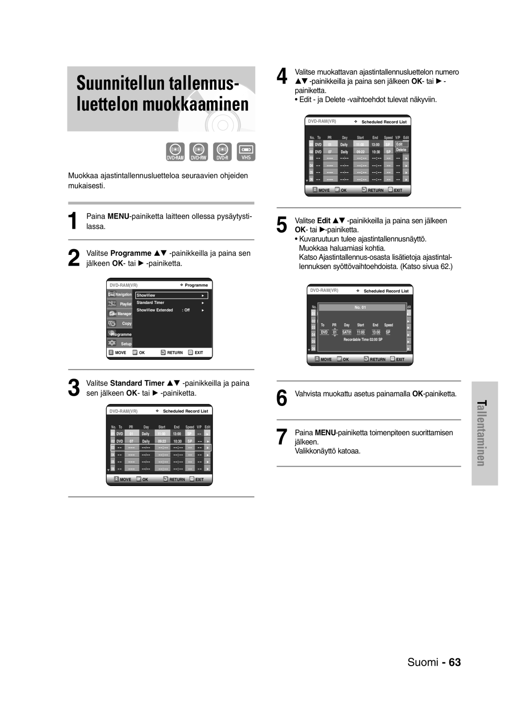 Samsung DVD-VR325/XEE manual Suunnitellun tallennus- luettelon muokkaaminen 