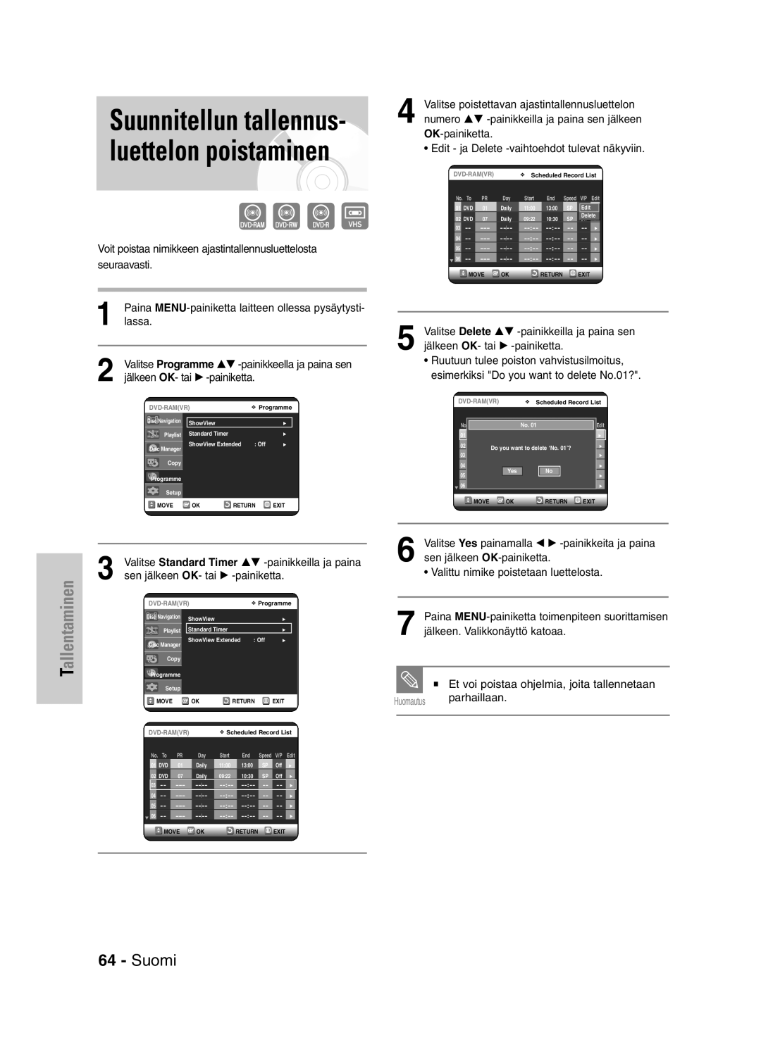 Samsung DVD-VR325/XEE manual Suunnitellun tallennus- luettelon poistaminen 