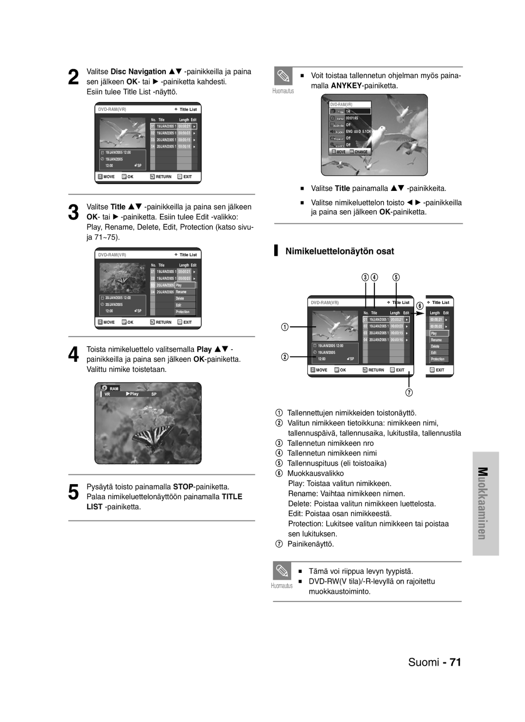 Samsung DVD-VR325/XEE manual Nimikeluettelonäytön osat 