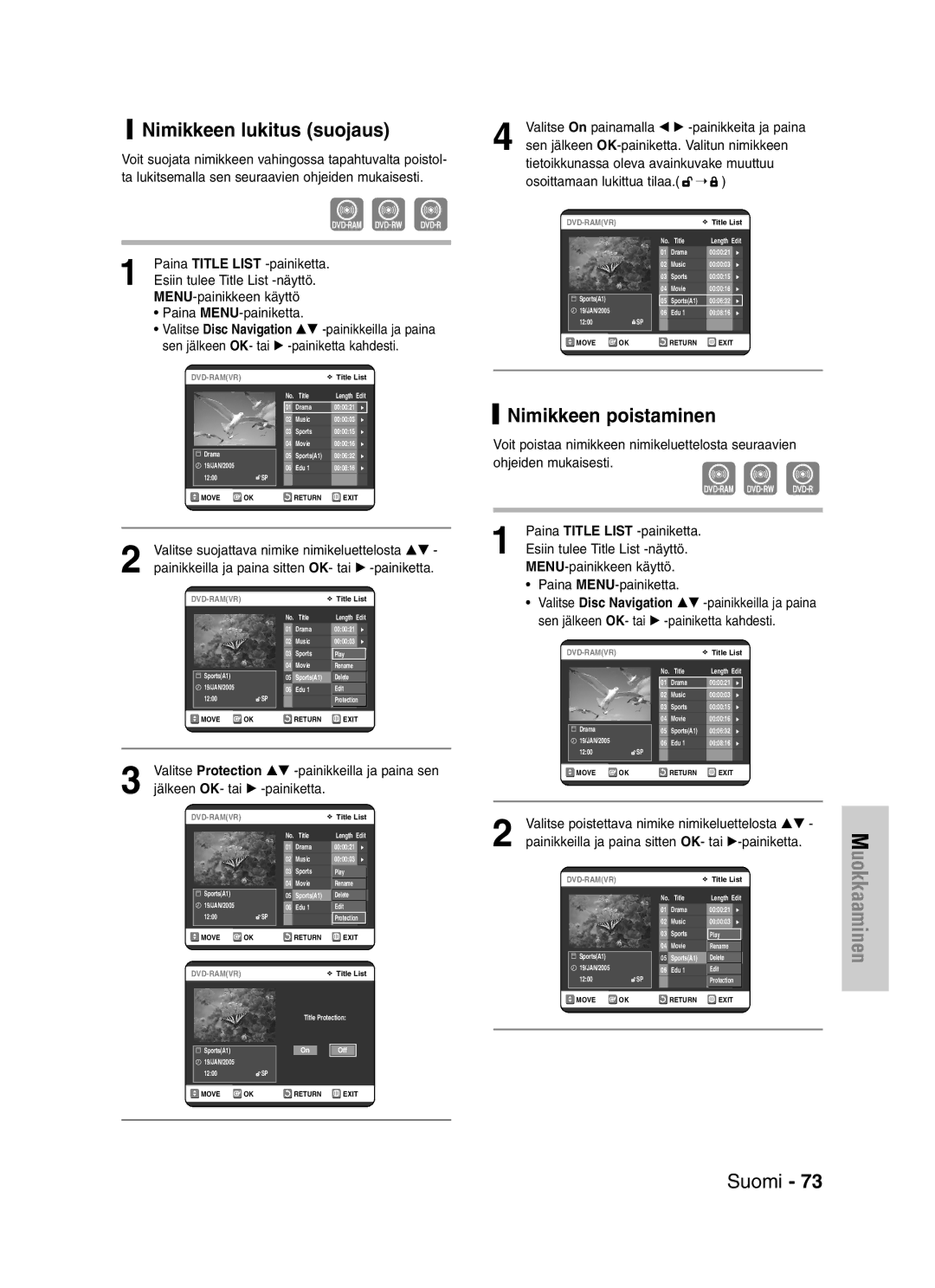 Samsung DVD-VR325/XEE manual Nimikkeen lukitus suojaus, Nimikkeen poistaminen 