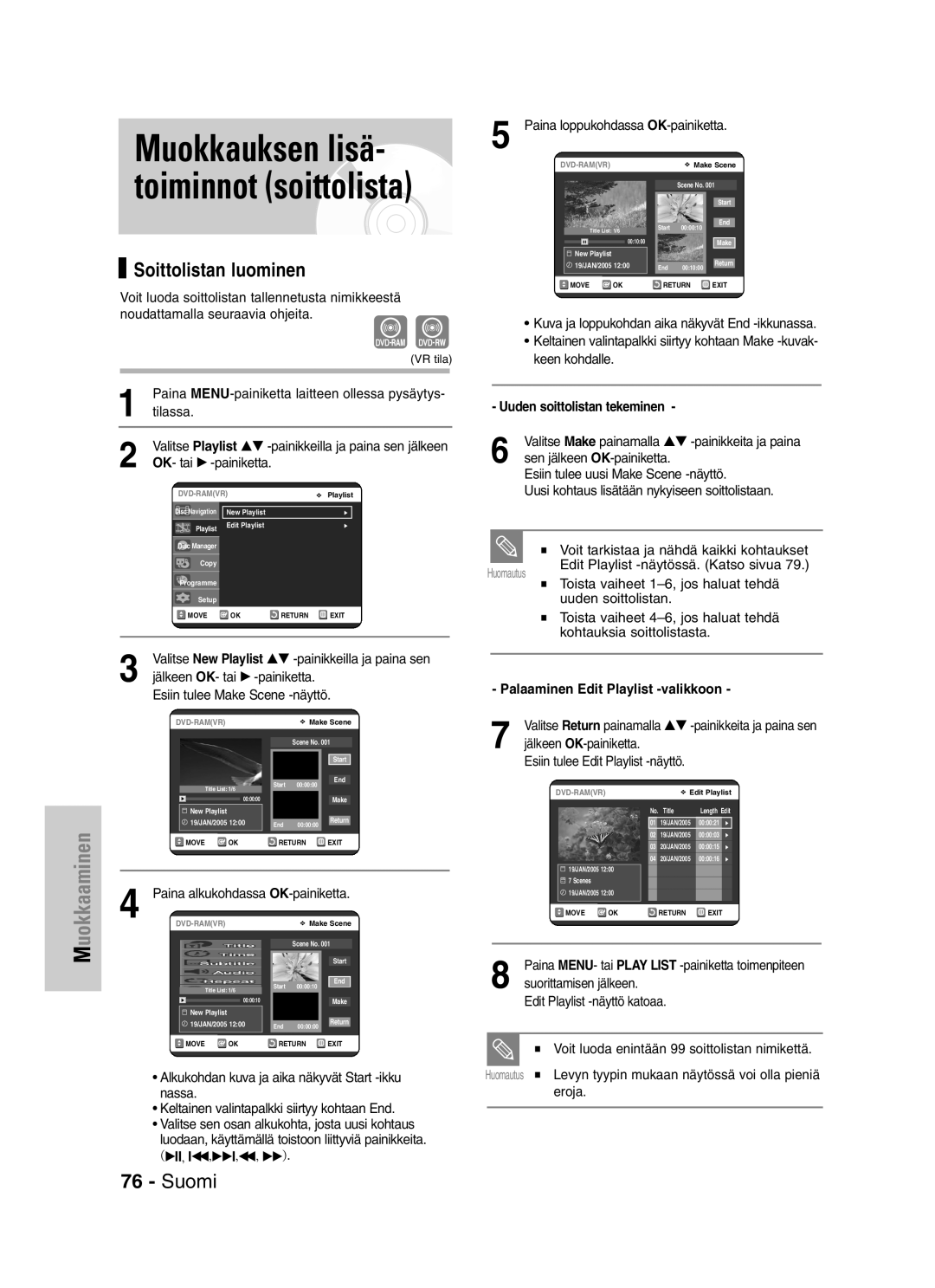 Samsung DVD-VR325/XEE Muokkauksen lisä- toiminnot soittolista, Soittolistan luominen, Uuden soittolistan tekeminen, Eroja 