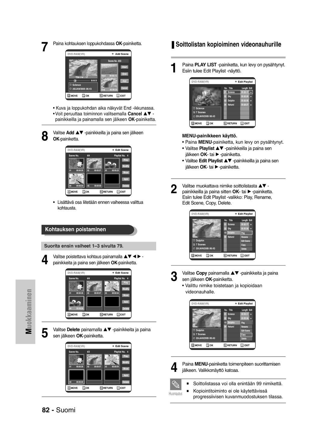 Samsung DVD-VR325/XEE manual Soittolistan kopioiminen videonauhurille 