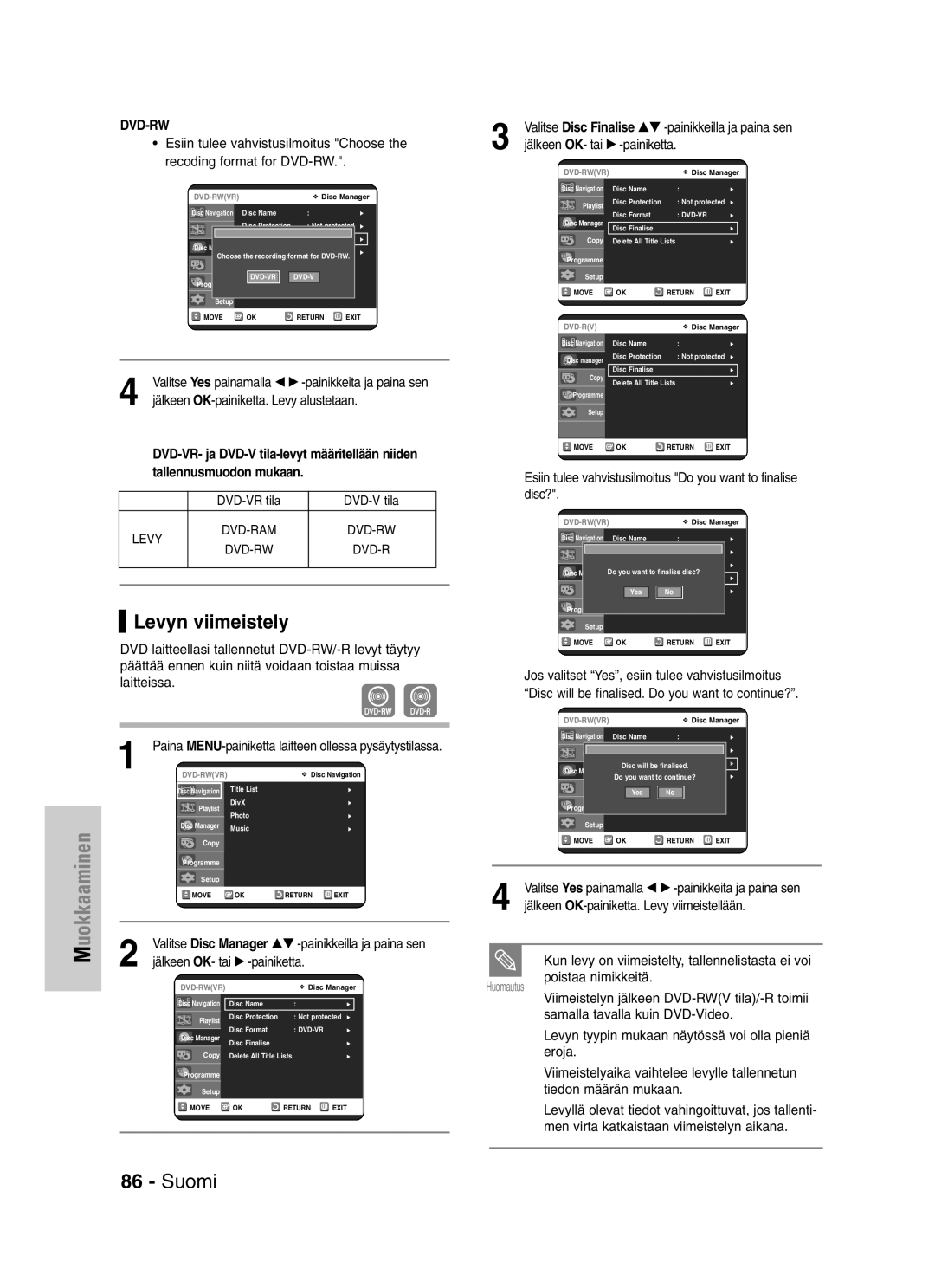 Samsung DVD-VR325/XEE manual Levyn viimeistely, Jälkeen OK-painiketta. Levy alustetaan 