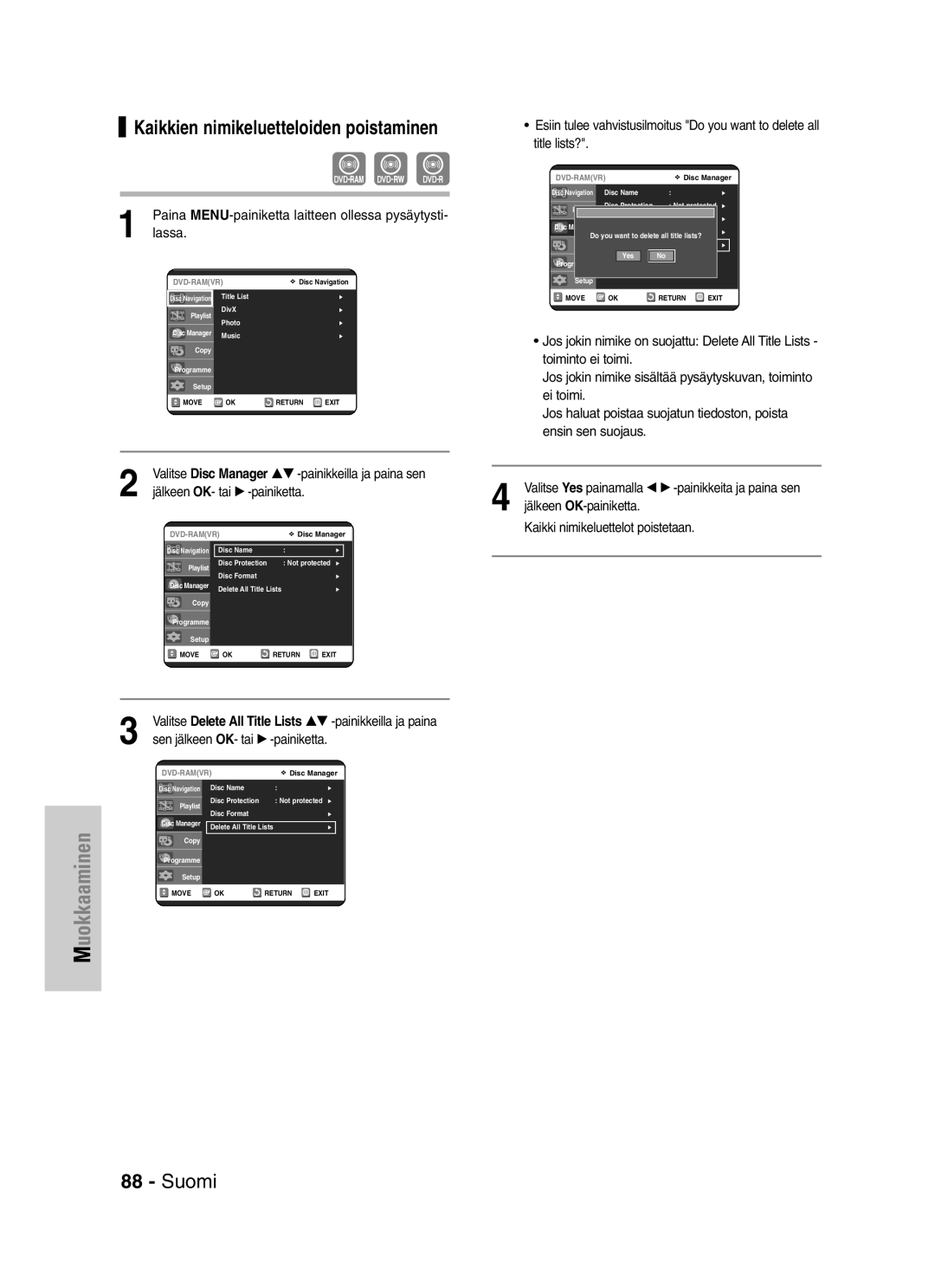 Samsung DVD-VR325/XEE manual Kaikkien nimikeluetteloiden poistaminen, Lassa 