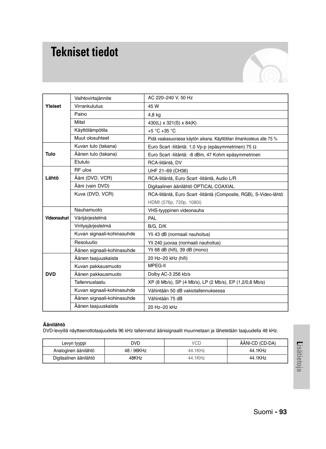 Samsung DVD-VR325/XEE manual Tekniset tiedot, Yleiset, Tulo, Lähtö, Äänilähtö 