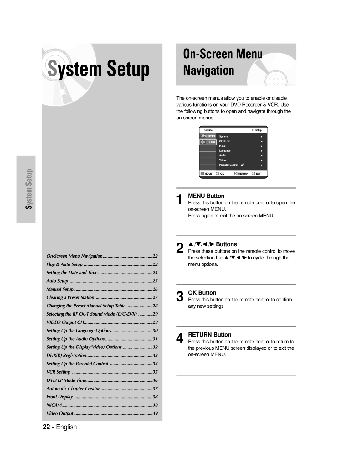 Samsung DVD-VR325/EUR, DVD-VR325/XEG, DVD-VR325/XEH manual On-Screen Menu Navigation, … / †, œ / √ Buttons, OK Button 