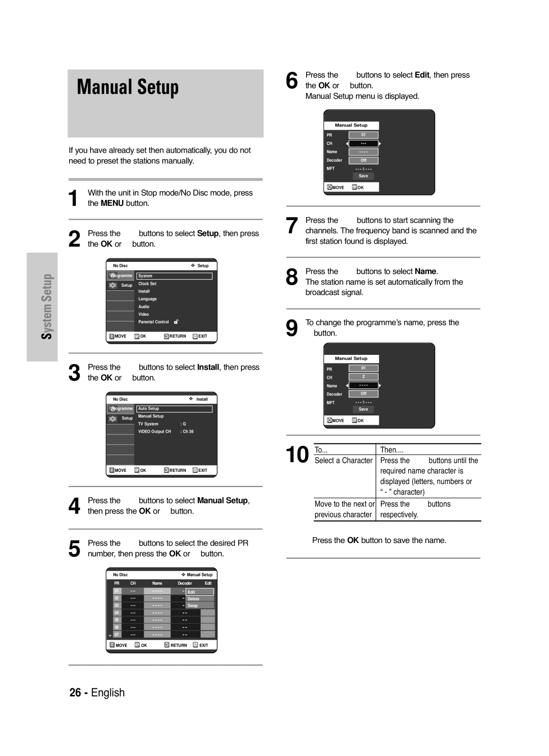 Samsung DVD-VR325/XEH manual Manual Setup, OK or √ button, Or √ button, Press the …† buttons to select Edit , then press 