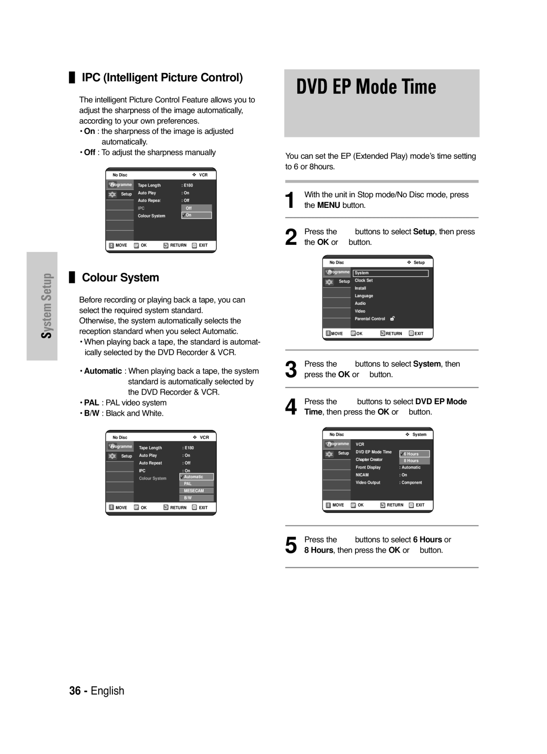 Samsung DVD-VR325/XEG, DVD-VR325/EUR, DVD-VR325/XEH manual DVD EP Mode Time, IPC Intelligent Picture Control, Colour System 