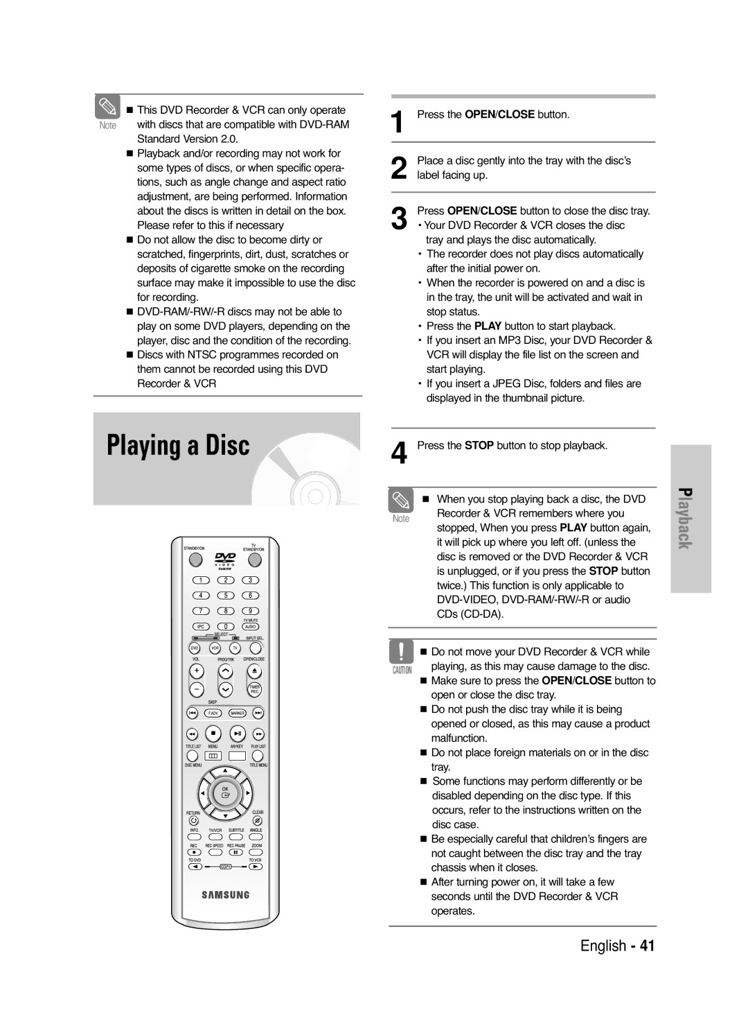 Samsung DVD-VR325/XEH, DVD-VR325/XEG, DVD-VR325/EUR manual Playing a Disc 