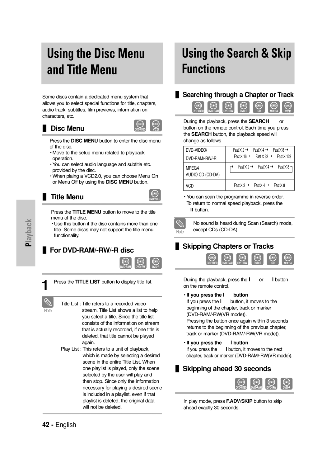 Samsung DVD-VR325/XEG, DVD-VR325/EUR, DVD-VR325/XEH manual Using the Search & Skip Functions 