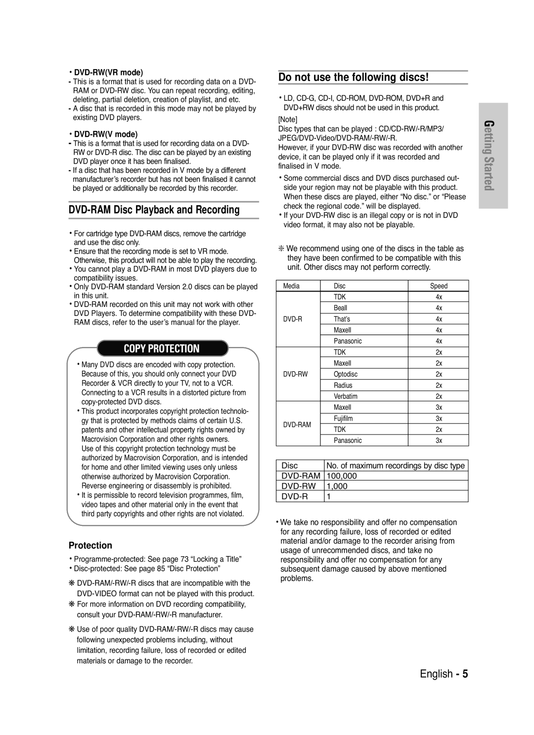 Samsung DVD-VR325/XEH, DVD-VR325/XEG, DVD-VR325/EUR manual Do not use the following discs, Protection 