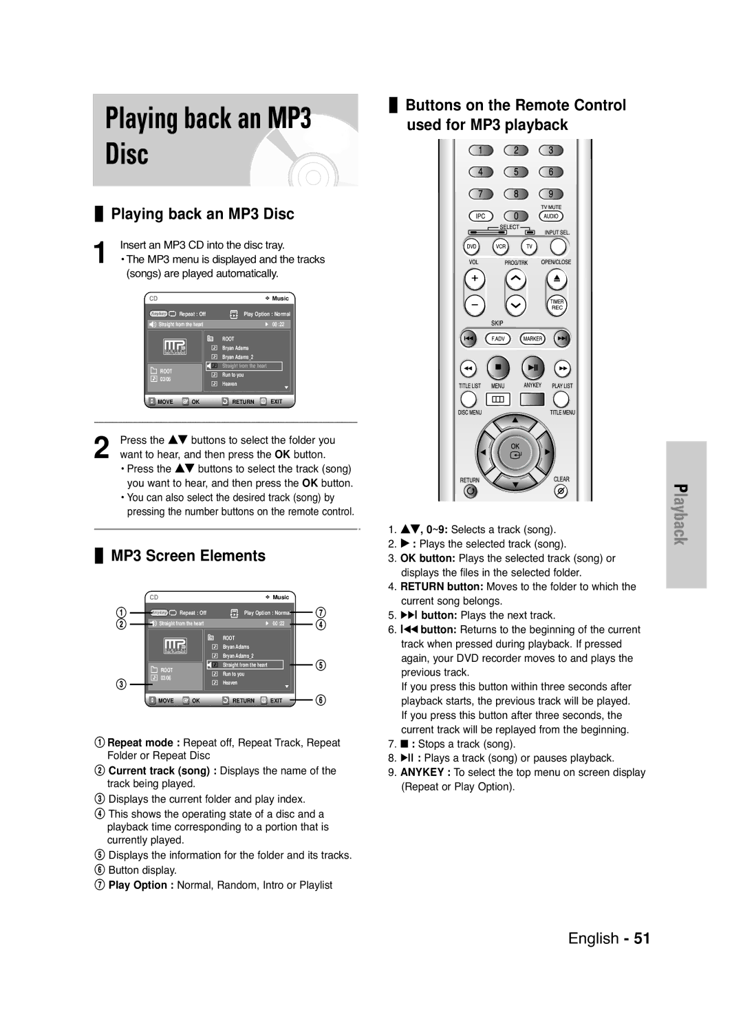 Samsung DVD-VR325/XEG, DVD-VR325/EUR, DVD-VR325/XEH manual Playing back an MP3 Disc, MP3 Screen Elements, Lœœ button 