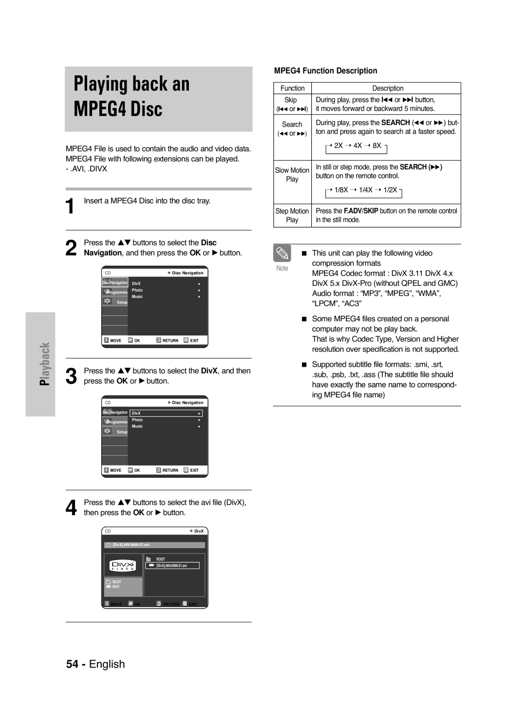 Samsung DVD-VR325/XEG, DVD-VR325/EUR, DVD-VR325/XEH manual Playing back an MPEG4 Disc 