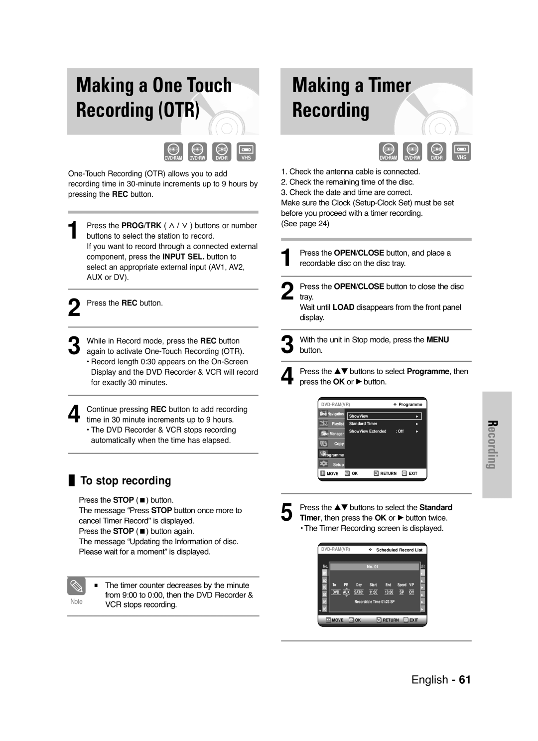 Samsung DVD-VR325/EUR, DVD-VR325/XEG, DVD-VR325/XEH manual Making a One Touch, Recording OTR, To stop recording 