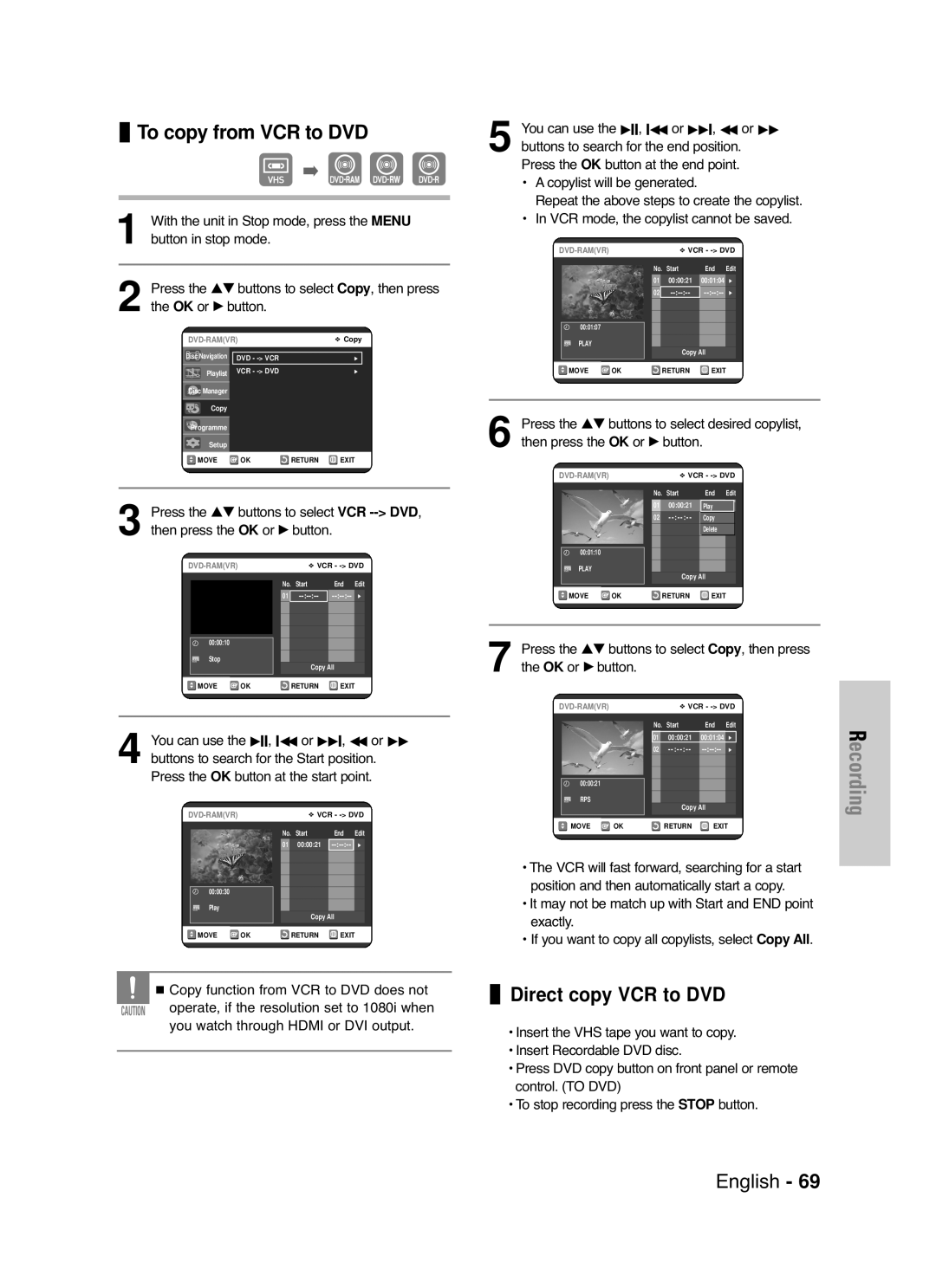 Samsung DVD-VR325/XEG, DVD-VR325/EUR, DVD-VR325/XEH To copy from VCR to DVD, Direct copy VCR to DVD, Button in stop mode 