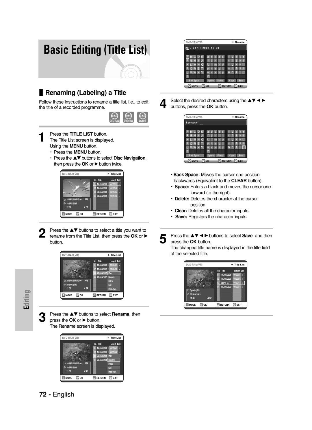 Samsung DVD-VR325/XEG, DVD-VR325/EUR, DVD-VR325/XEH manual Renaming Labeling a Title, Back Space 
