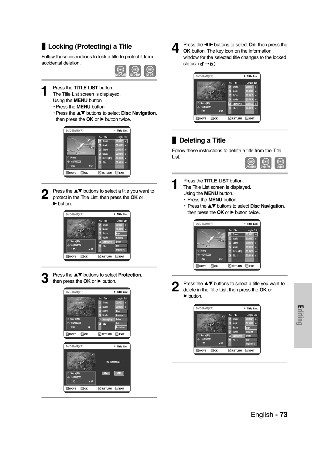 Samsung DVD-VR325/EUR, DVD-VR325/XEG, DVD-VR325/XEH manual Locking Protecting a Title, Deleting a Title 