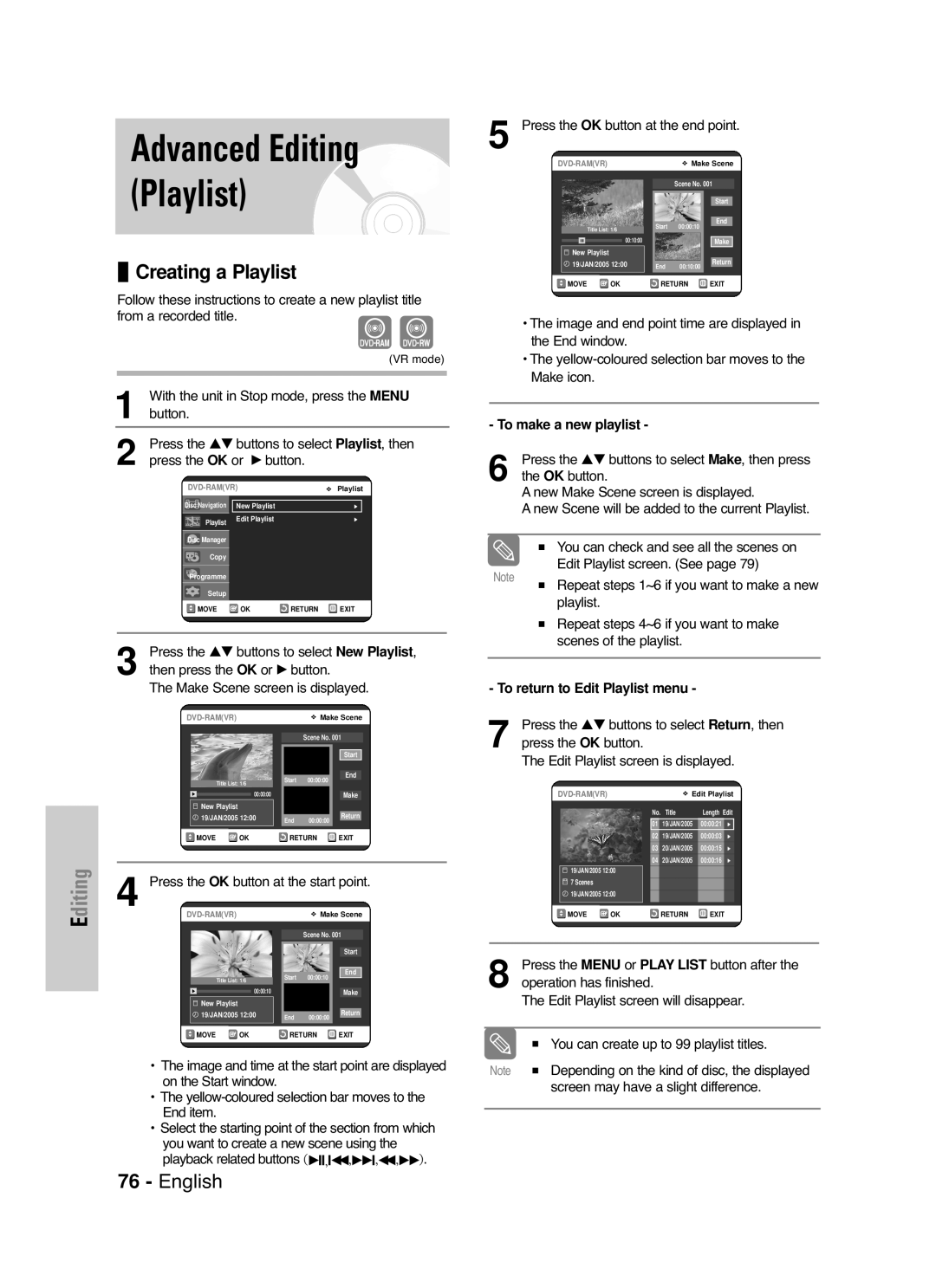 Samsung DVD-VR325/EUR, DVD-VR325/XEG, DVD-VR325/XEH manual Advanced Editing, Creating a Playlist, Press the OK button 