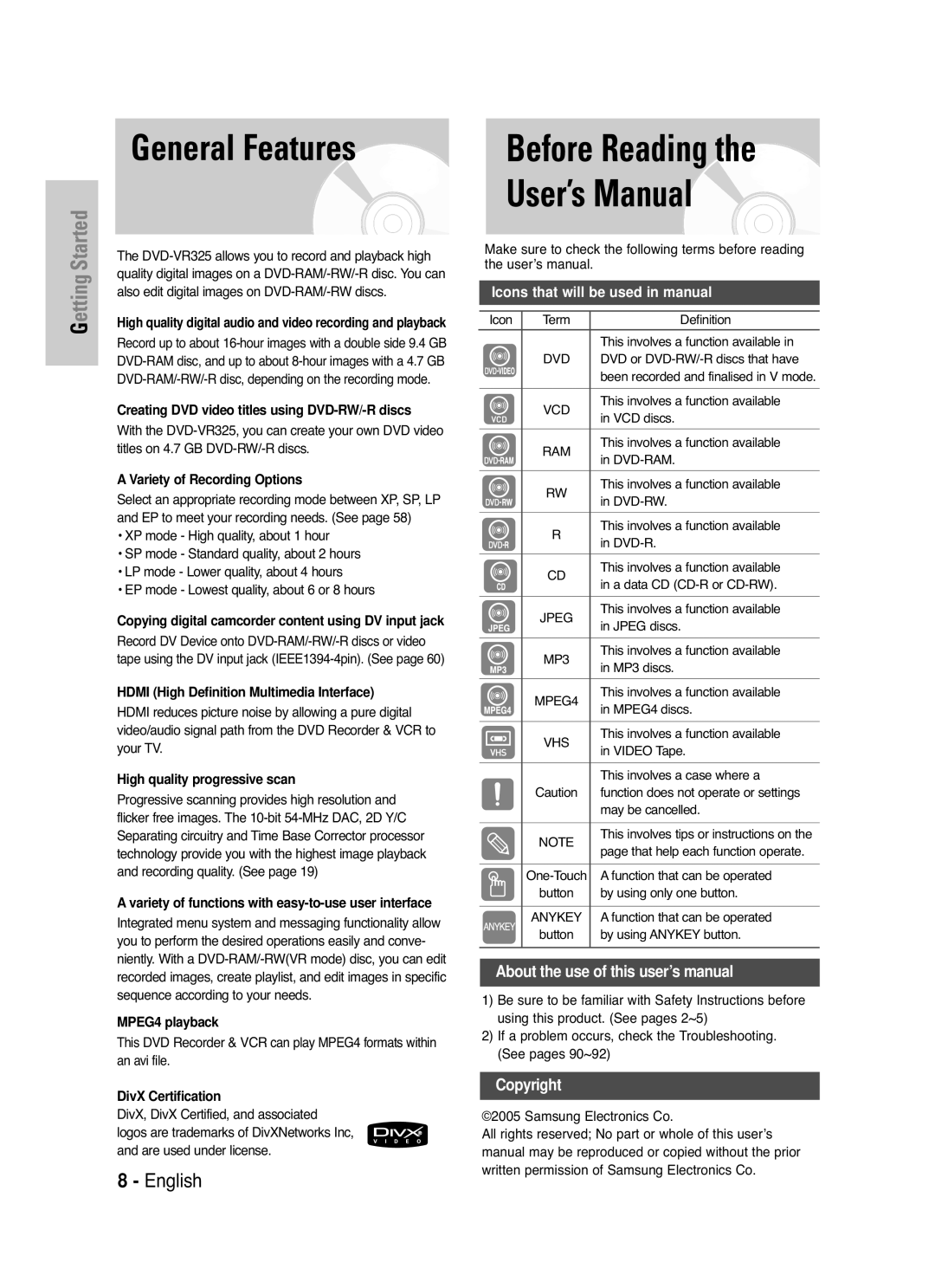 Samsung DVD-VR325/XEH, DVD-VR325/XEG, DVD-VR325/EUR manual Before Reading User’s Manual, General Features 