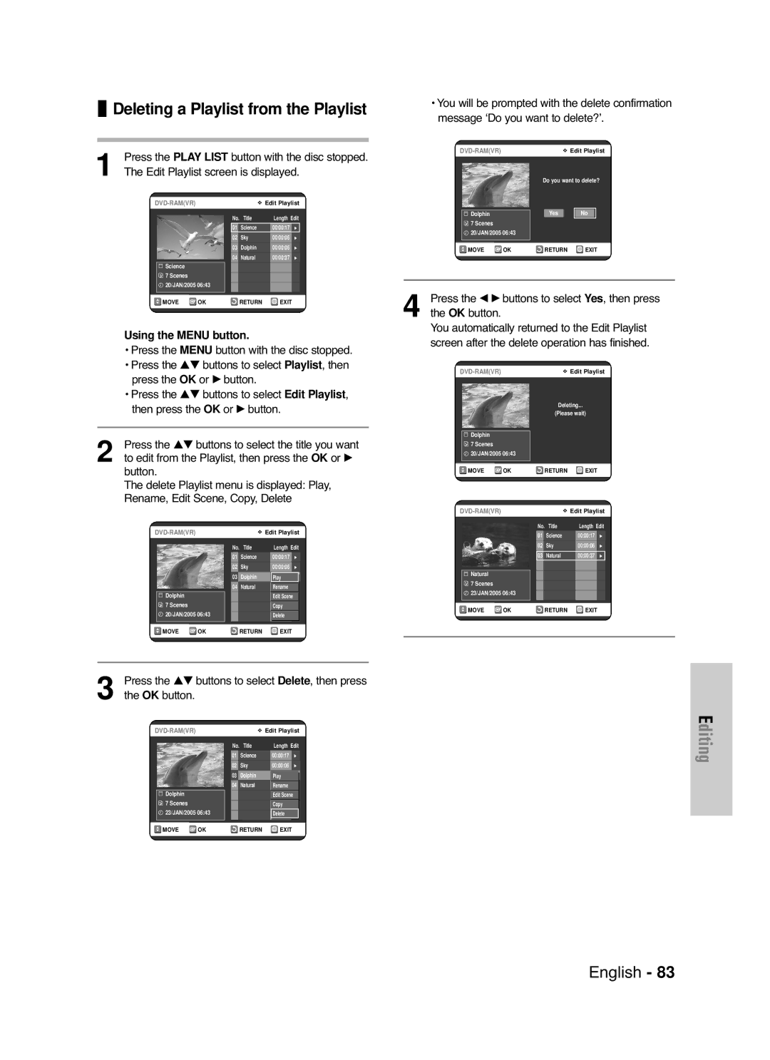 Samsung DVD-VR325/XEH You automatically returned to the Edit Playlist, Screen after the delete operation has finished 