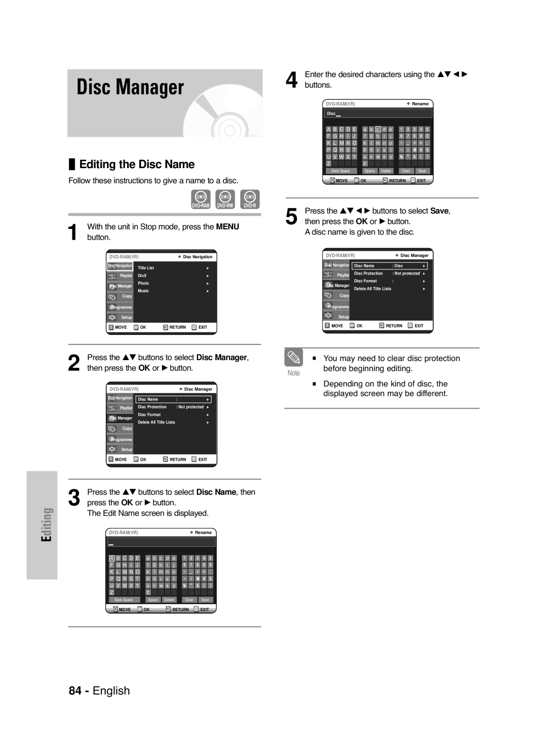 Samsung DVD-VR325/XEG manual Disc Manager, Editing the Disc Name, Follow these instructions to give a name to a disc 