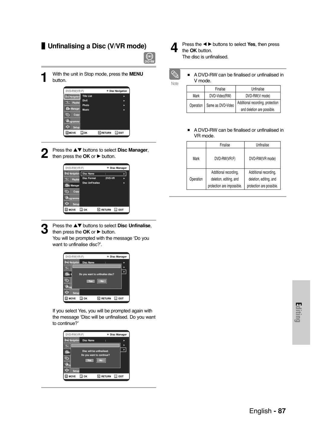 Samsung DVD-VR325/XEG Disc is unfinalised, DVD-RW can be finalised or unfinalised in VR mode, Want to unfinalise disc?’ 