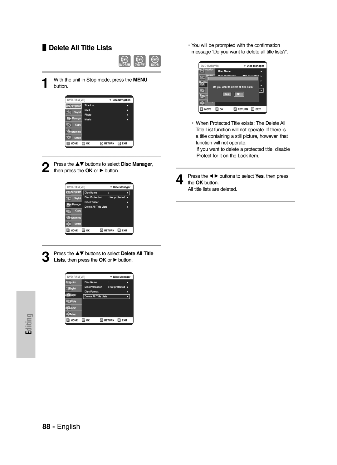 Samsung DVD-VR325/EUR Delete All Title Lists, You will be prompted with the confirmation, All title lists are deleted 