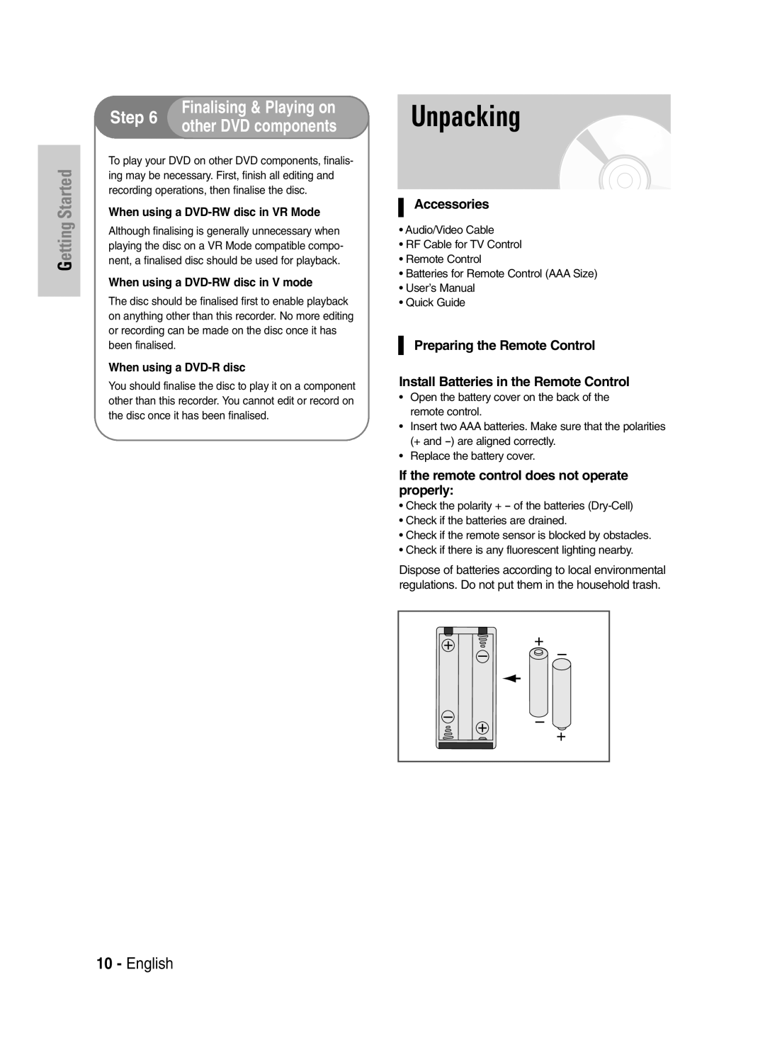 Samsung DVD-VR325/EUR, DVD-VR325/XEG, DVD-VR325/XEH Unpacking, Accessories, If the remote control does not operate properly 