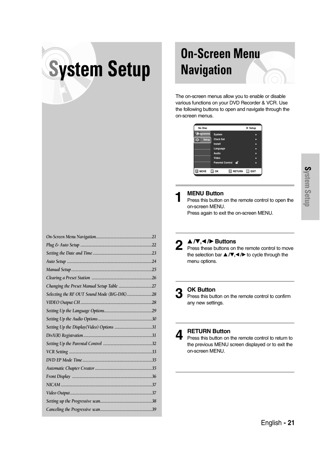 Samsung DVD-VR325/XEG, DVD-VR325/EUR, DVD-VR325/XEH On-Screen Menu Navigation, … /†,œ /√ Buttons, OK Button, Return Button 