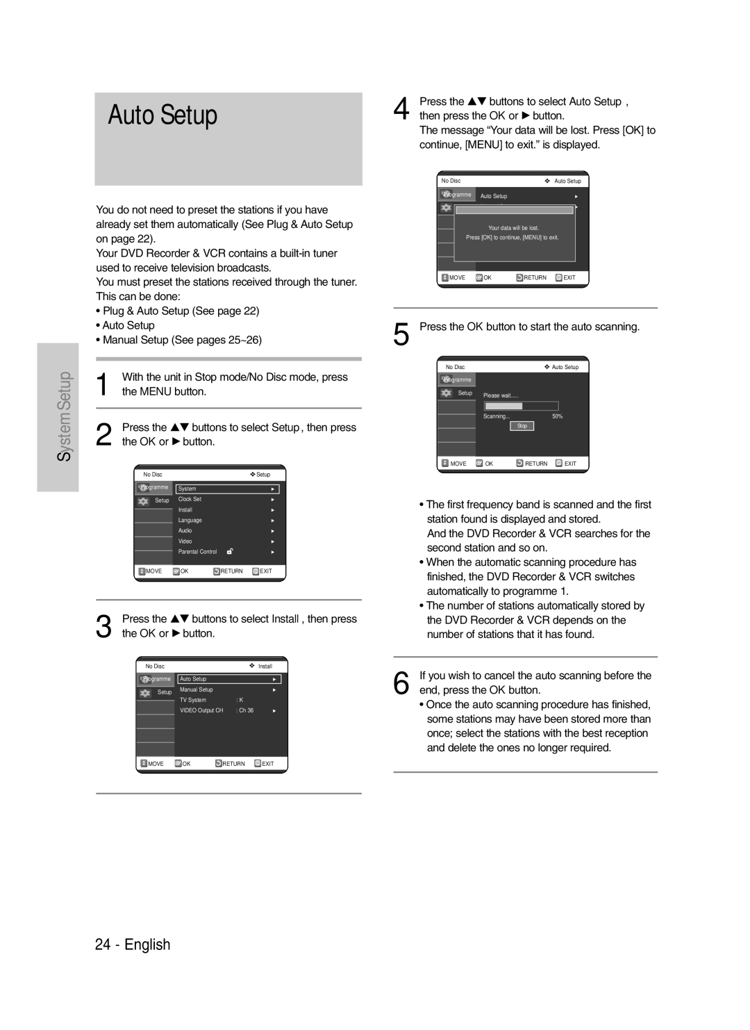 Samsung DVD-VR325/XEG, DVD-VR325/EUR, DVD-VR325/XEH manual Auto Setup 