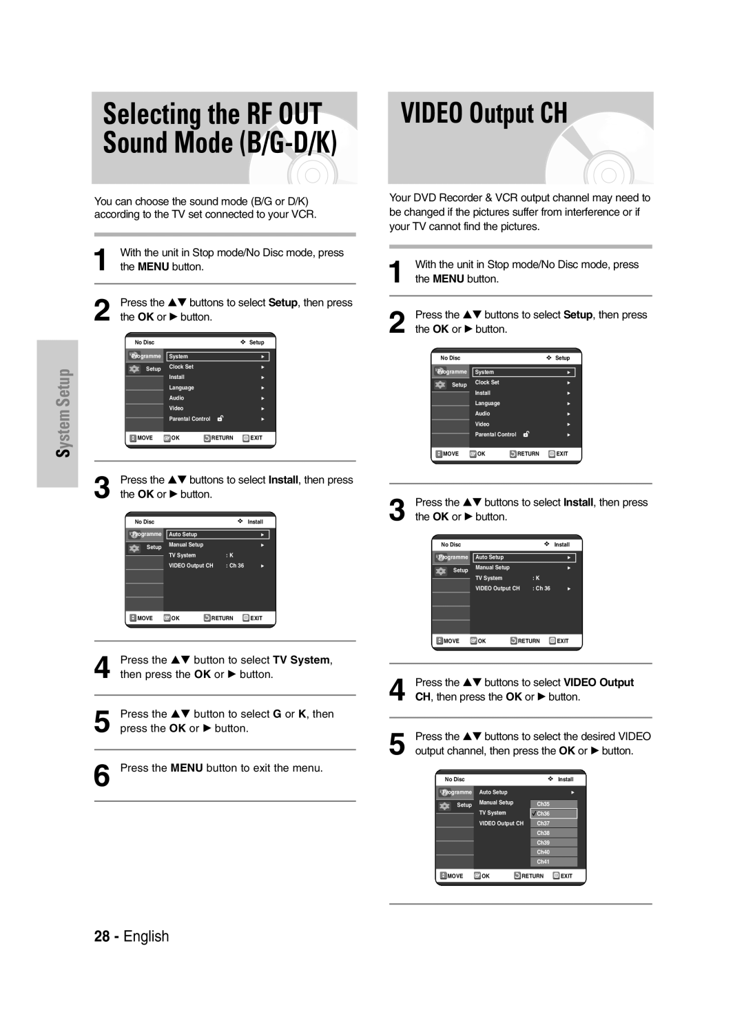 Samsung DVD-VR325/EUR Press the …† buttons to select Install, then press, Press the …† buttons to select Video Output 