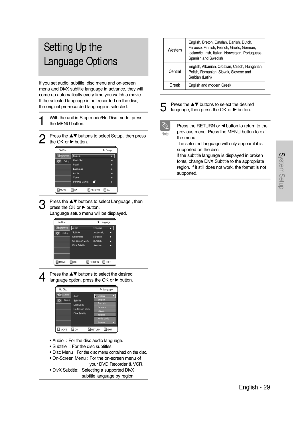 Samsung DVD-VR325/XEH, DVD-VR325/XEG manual Setting Up Language Options, Press the …† buttons to select Language, then 